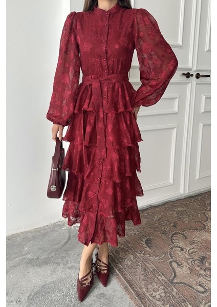 Bej Valonlu Şeritli Kat Kat Elbise fırsatları