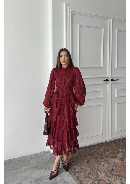 Bej Valonlu Şeritli Kat Kat Elbise