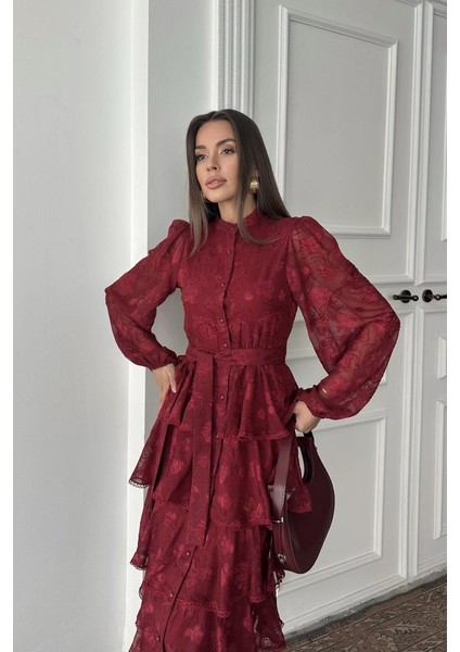 Bej Valonlu Şeritli Kat Kat Elbise modelleri