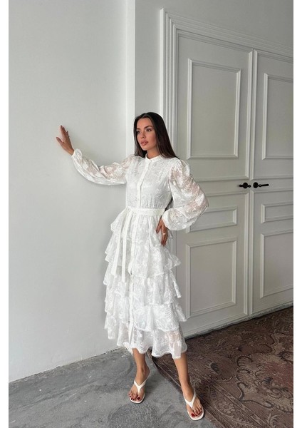 Bej Valonlu Şeritli Kat Kat Elbise indirimleri