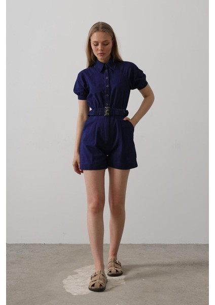 Gömlek Yaka Gabardin Tulum - Indigo