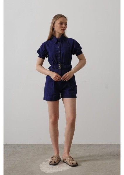 Gömlek Yaka Gabardin Tulum - Indigo