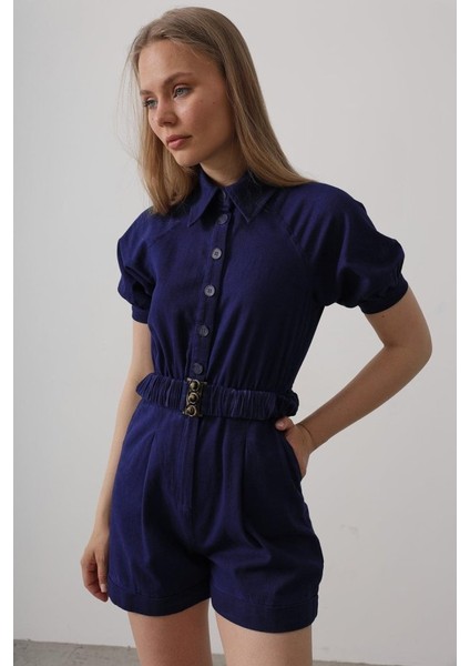 Gömlek Yaka Gabardin Tulum - Indigo