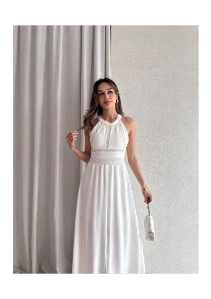 Kadın Krinkil Kumaş Beli Gipeli Halter Yaka Maxi Boy Elbise