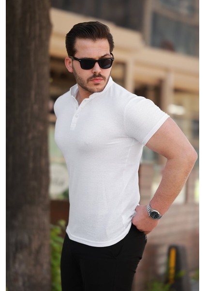 Erkek Hakim Yaka Dokuma Pamuklu Kumaş Kısa Kollu T-Shirt