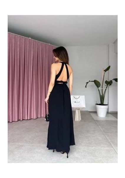 Kadın Krinkil Kumaş Beli Gipeli Halter Yaka Maxi Boy Elbise