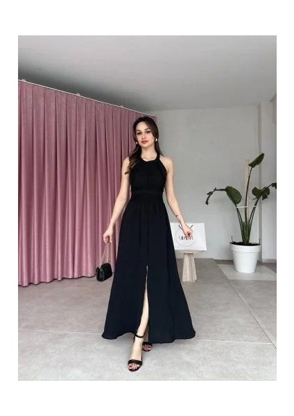 Kadın Krinkil Kumaş Beli Gipeli Halter Yaka Maxi Boy Elbise