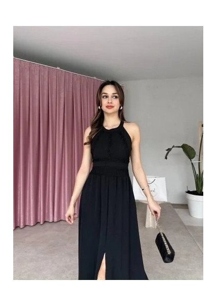 Kadın Krinkil Kumaş Beli Gipeli Halter Yaka Maxi Boy Elbise