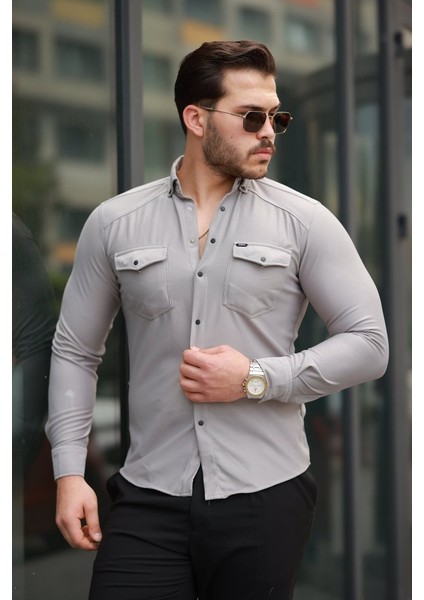 Erkek Çift Cepli Çıtçıt Düğmeli Uzun Kollu Gömlek