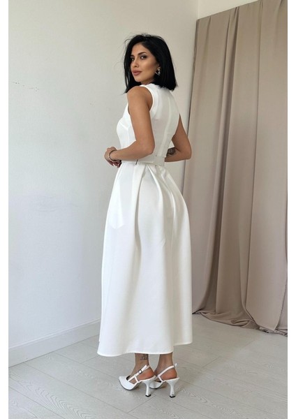 Ekru Halter Yaka Kloş Elbise