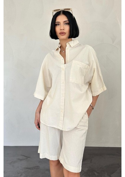 Bej Kısa Kollu Keten Gömlek ve Şort Takım fiyatları