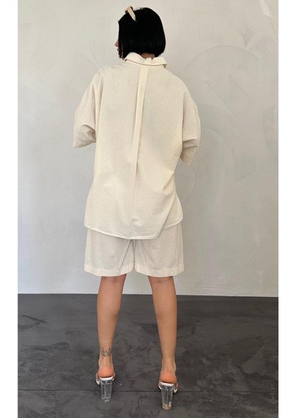 Bej Kısa Kollu Keten Gömlek ve Şort Takım modelleri