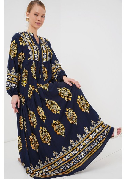 2423 Otantik Desenli Tesettür Elbise - Lacivert 2