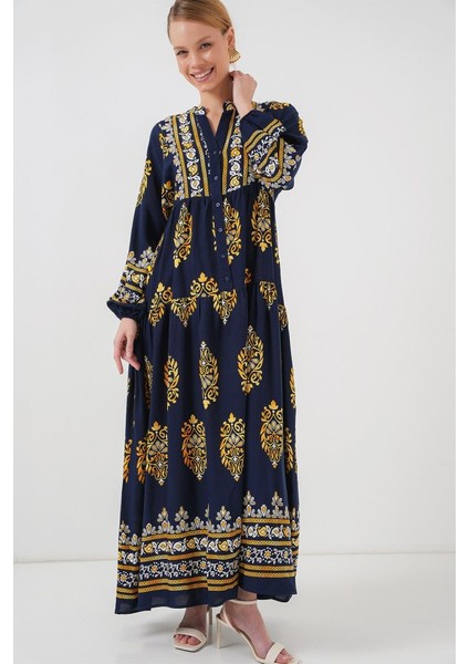 2423 Otantik Desenli Tesettür Elbise - Lacivert 2 fiyatları