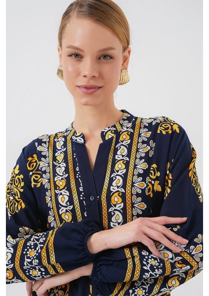 2423 Otantik Desenli Tesettür Elbise - Lacivert 2 modelleri