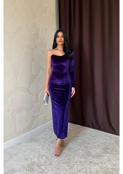 Saks Tek Omuzlu Taş Askılı Elbise