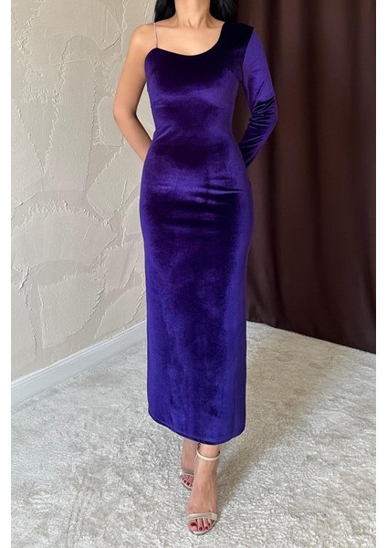 Saks Tek Omuzlu Taş Askılı Elbise