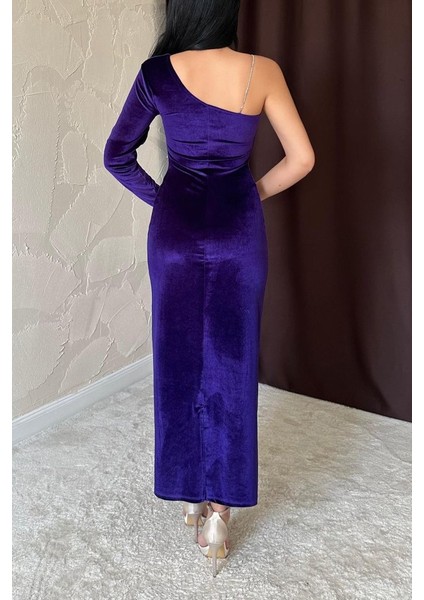 Saks Tek Omuzlu Taş Askılı Elbise
