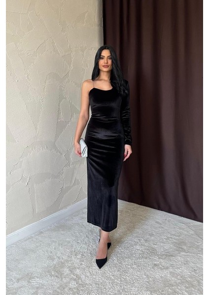 Saks Tek Omuzlu Taş Askılı Elbise