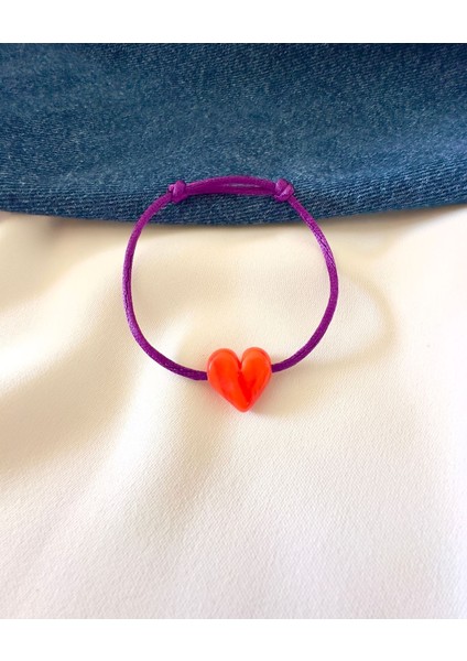 Murano Turuncu Cam Kalp Boncuklu Mor Ip Bileklik