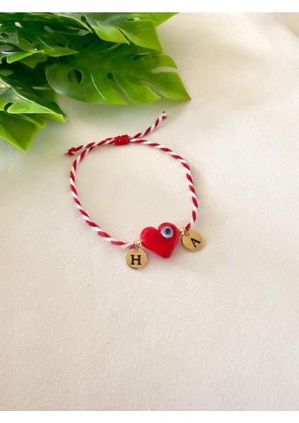Harfli Murano Kırmızı Nazar Boncuklu Cam Kalp Marteniçka Ip Bileklik