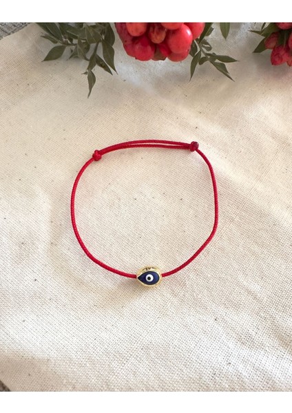 Altın Kaplama Nazar Boncuklu Kırmızı Ip Bileklik ( Mavi )