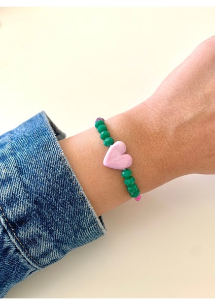 Murano Cam Boncuklu Pembe Kalp Bileklik