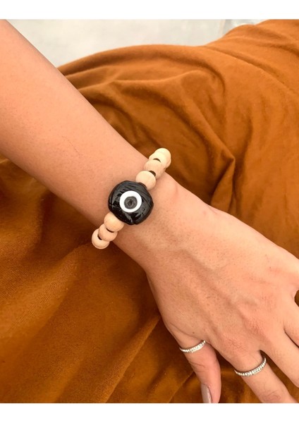 Siyah Dana Nazar Boncuklu Ahşap Bambu Bileklik