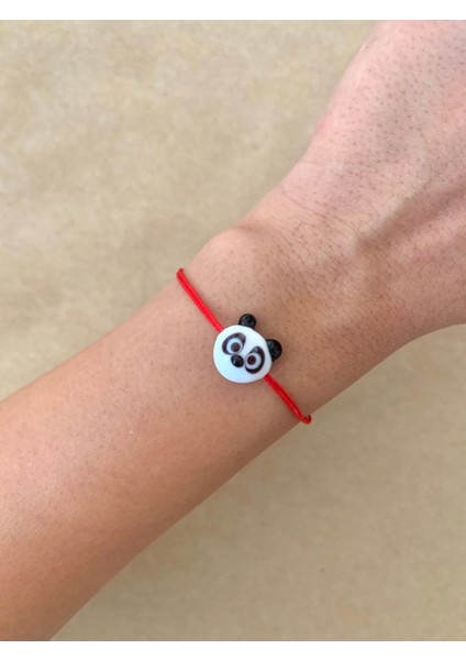 Cam Murano Panda Kırmızı Ip Bileklik