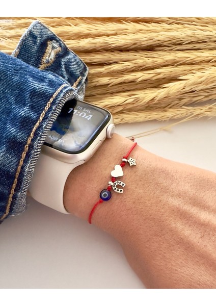 Kırmızı Nazar Boncuklu Yıldız Kalp Nal Şans Bilekliği