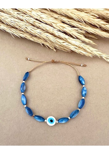 Cam Nazar Boncuklu Sedef Mavi Doğaltaş Bileklik