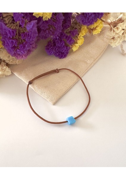 Mavi Cam Kare Küp Boncuk Kahverengi Ip Bileklik