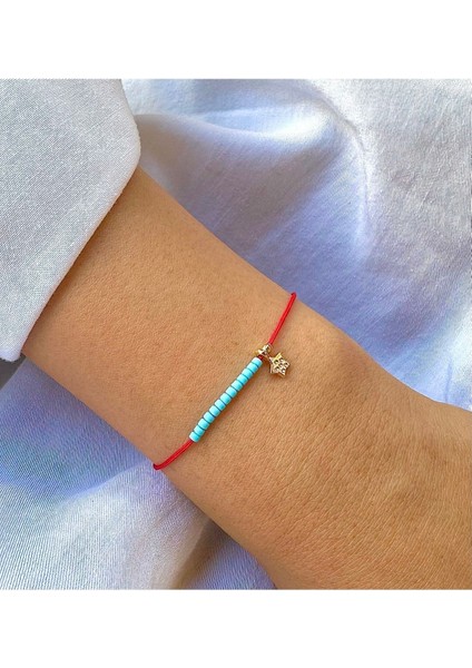 Yıldızlı Mavi Boncuk Kırmızı Ip Şans Bilekliği