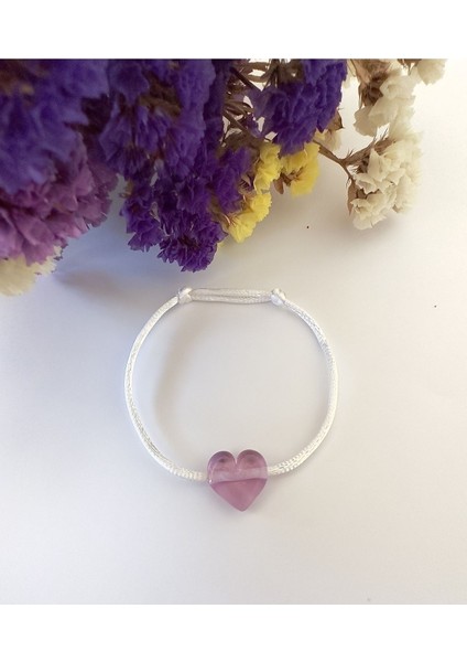 Şeffaf Pembe Cam Murano Kalp Beyaz Bileklik