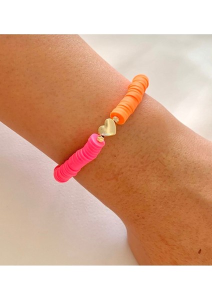 Yarı Turuncu Yarı Pembe Kalpli Fimo Bileklik