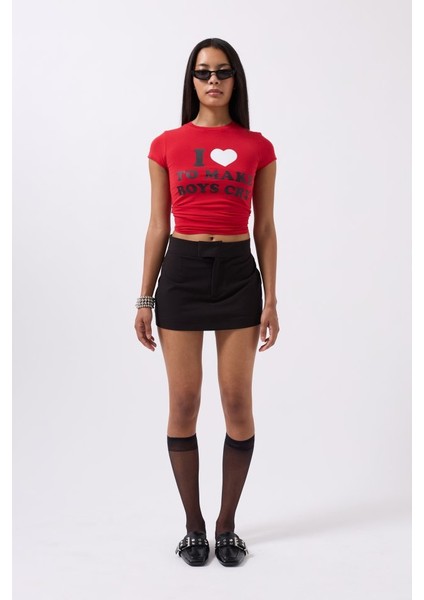 Nakış Detay Baskılı Crop T-Shirt