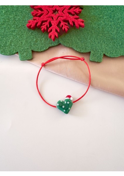 Yeni Yıl Yeşil Puantiyeli Cam Kalp Murano Kırmızı Yılbaşı Bileklik