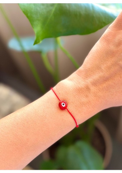 Kırmızı Cam Nazar Boncuklu Kırmızı Ip Bileklik