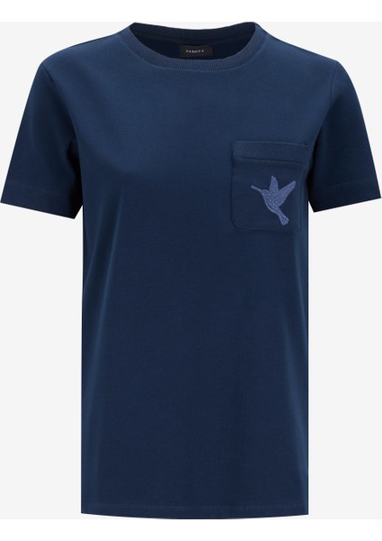 Bisiklet Yaka Nakışlı Lacivert Kadın T-Shirt F5SL-TST0086