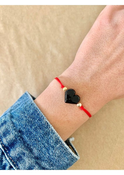 Siyah Kalp Murano Cam Kırmızı Ip Bileklik