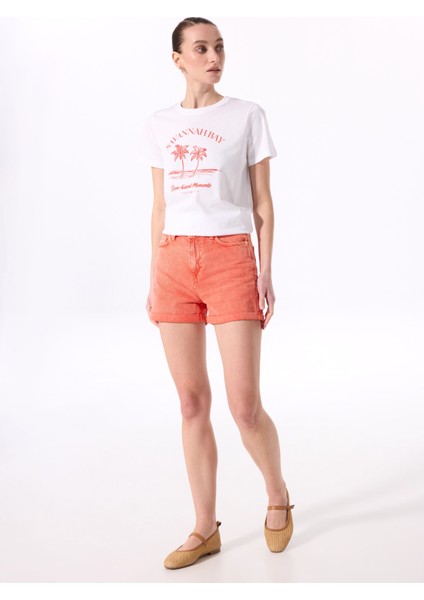Bisiklet Yaka Baskılı Beyaz Kadın T-Shirt F5SL-TST0445
