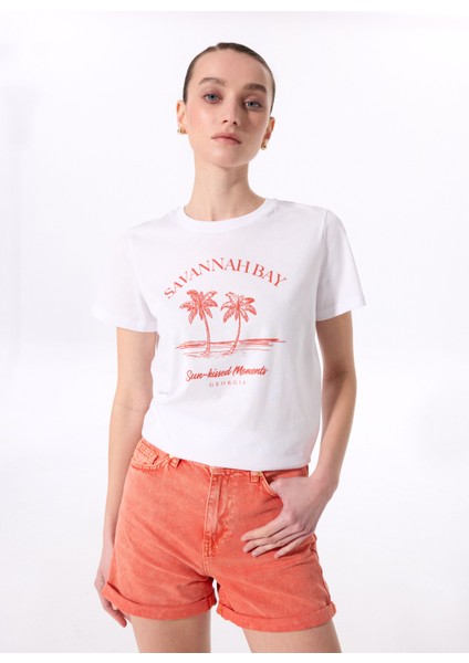 Bisiklet Yaka Baskılı Beyaz Kadın T-Shirt F5SL-TST0445