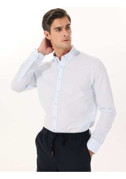 Slim Fit Düğmeli Yaka Mavi Erkek Gömlek ACE020252040_MAV