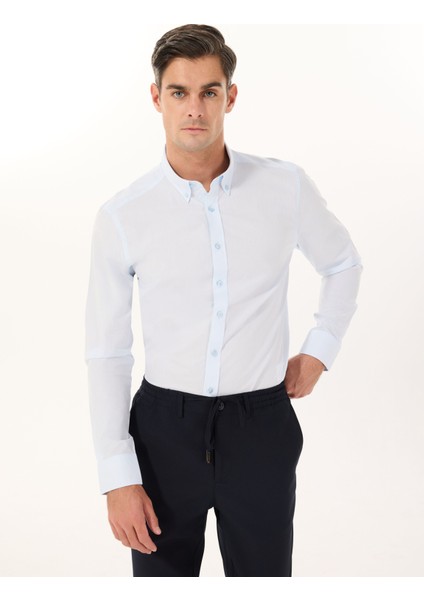 Slim Fit Düğmeli Yaka Mavi Erkek Gömlek ACE020252040_MAV