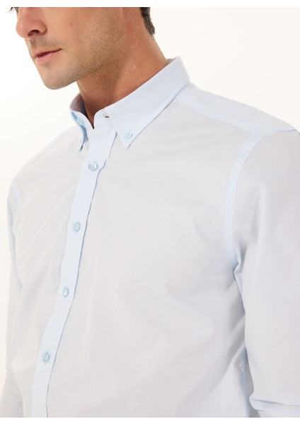 Slim Fit Düğmeli Yaka Mavi Erkek Gömlek ACE020252040_MAV