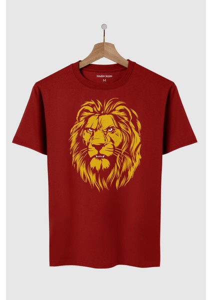 Aslan Kafası Sarı Kırmızı Yeleli Lion Head Aslan Baskılı Kırmızı Tişört Unisex T-Shirt