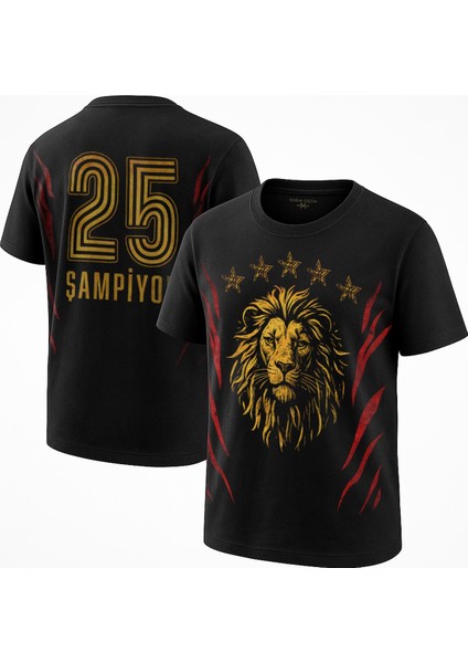Aslan Ruhu Sarı Kırmızı 5 Yıldız Şampiyon Unisex Siyah Tişört Ön ve Sırt Baskılı Tasarım T-Shirt