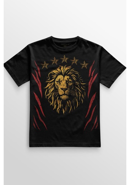 Aslan Ruhu Sarı Kırmızı 5 Yıldız Şampiyon Unisex Siyah Tişört Ön ve Sırt Baskılı Tasarım T-Shirt fiyatları