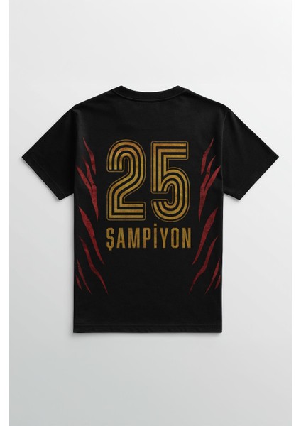 Aslan Ruhu Sarı Kırmızı 5 Yıldız Şampiyon Unisex Siyah Tişört Ön ve Sırt Baskılı Tasarım T-Shirt modelleri