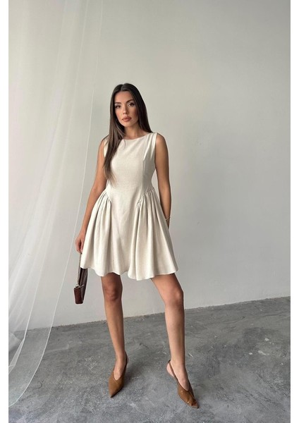 Bej Mini Boy Büzgülü Keten Elbise fiyatları